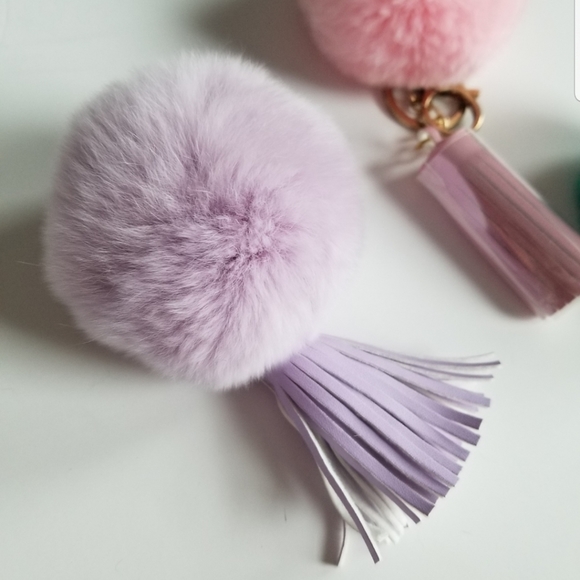 3 Faux Fur Pom Leather Tassel Keychain Bag Charms - Picture 3 of 7